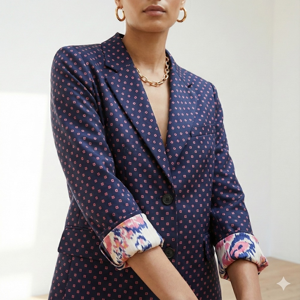 Thakoon viral reversible navy blue & pink silk viscose patterned blazer - size 8